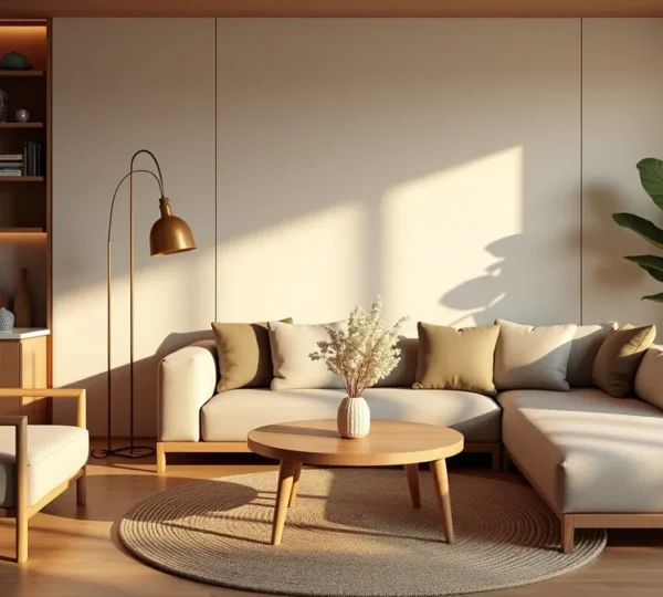 Illustration éditoriale photo-réaliste représentant un séjour de vacances reposant dans une location chaleureuse avec une lumière naturelle douce et une composition organisée selon la règle des tiers, capturant une ambiance calme et accueillante