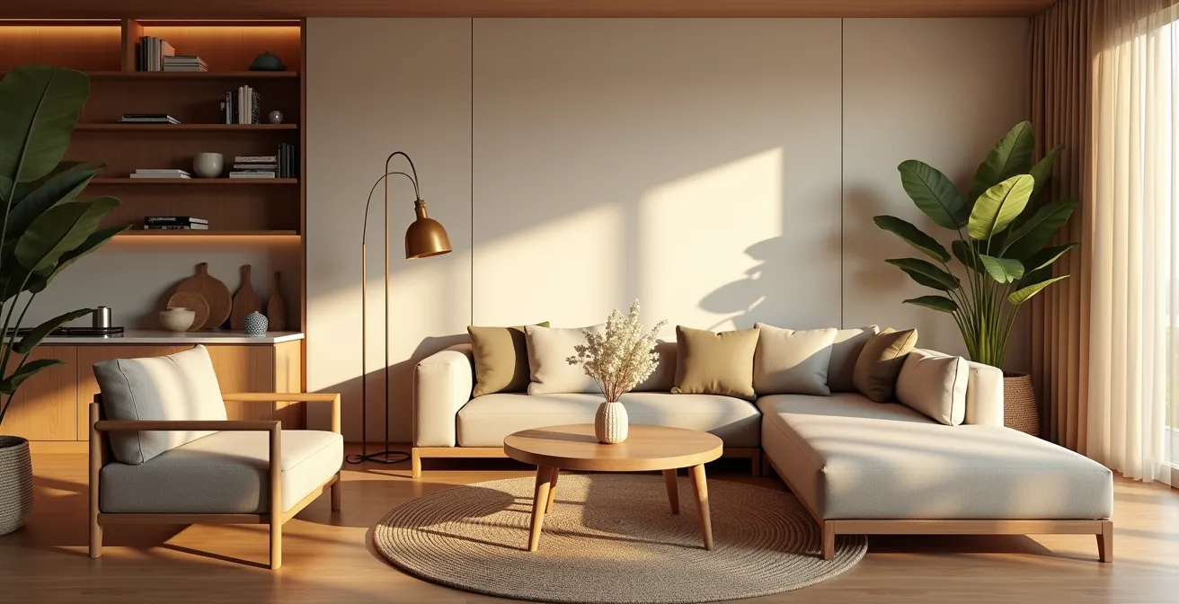 Illustration éditoriale photo-réaliste représentant un séjour de vacances reposant dans une location chaleureuse avec une lumière naturelle douce et une composition organisée selon la règle des tiers, capturant une ambiance calme et accueillante