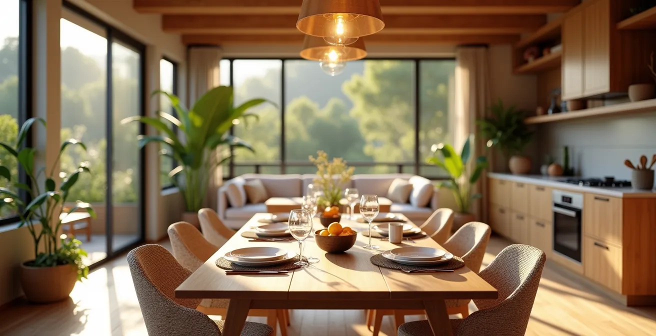 Photo montrant un espace commun convivial et chaleureux dans une grande location de vacances avec une table dressée et lumière naturelle agréable