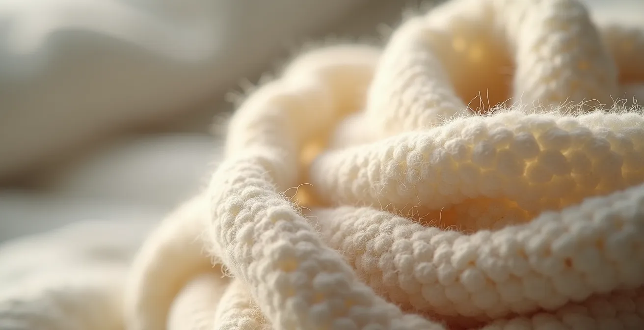 Détail en macro d’une texture douce et naturelle dans une location de vacances, accentuant l’aspect cosy et reposant