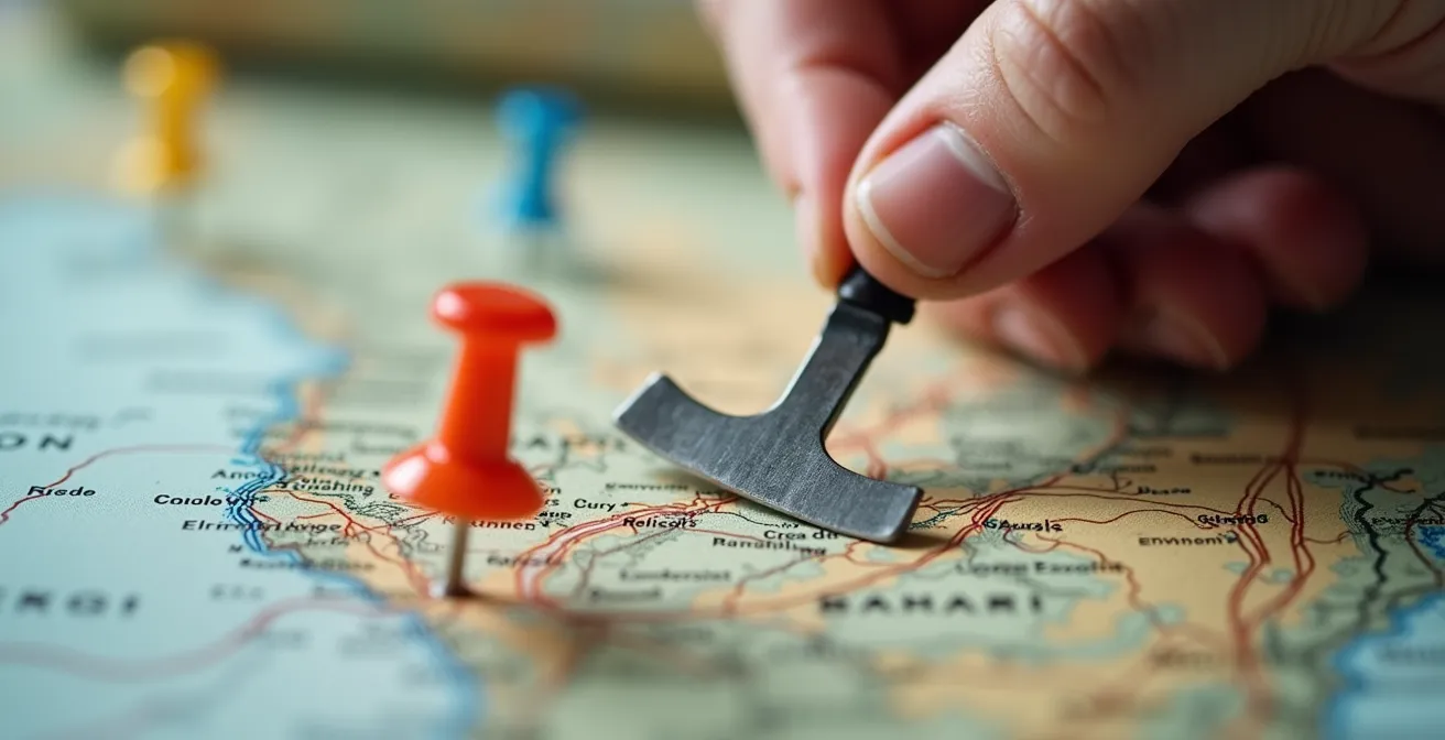 Détail d'une main examinant une carte topographique avec des épingles marquant différents emplacements