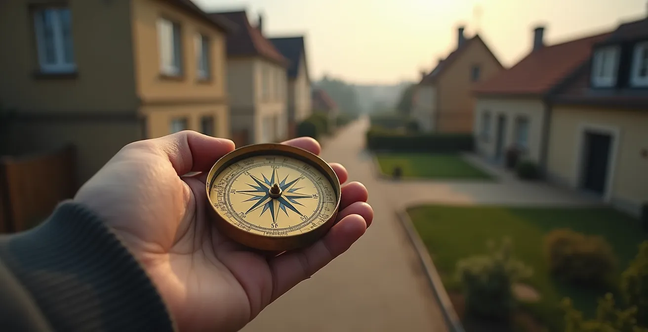 Main tenant une boussole devant un paysage flou de zones résidentielles frontalières