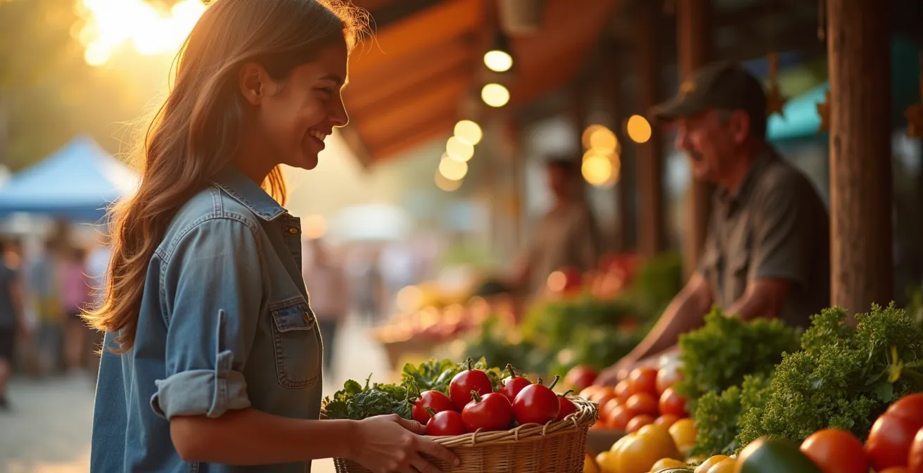 Résident d'appart-hôtel au marché local avec son panier