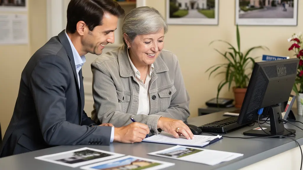 Conseiller et cliente échangeant dans une agence de location à Balaruc