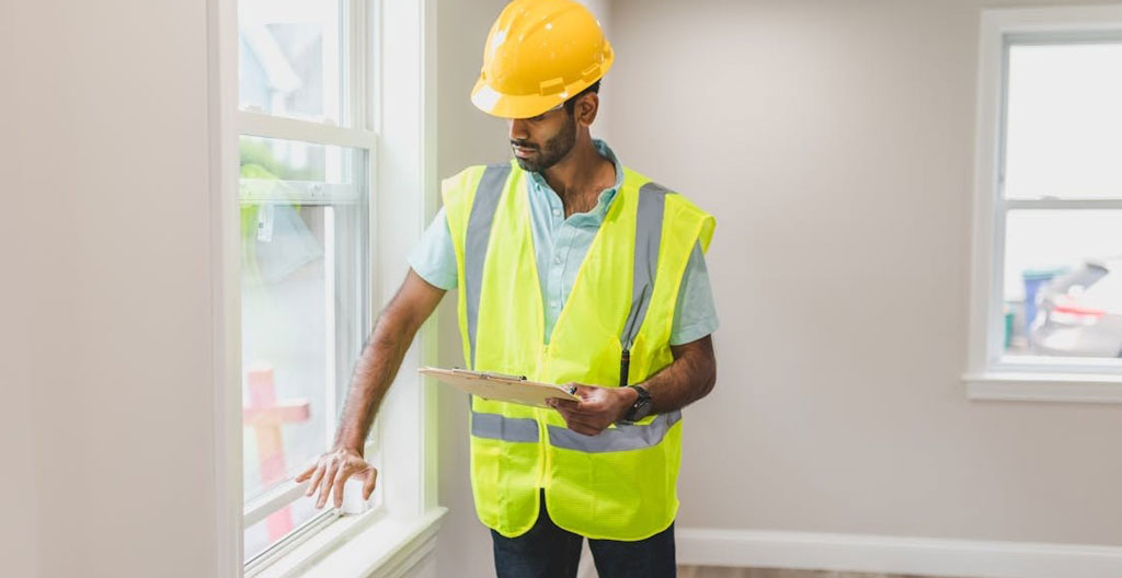 Professionnel immobilier inspectant avec tablette numérique les détails de construction d'un balcon d'appartement en station de ski, montagnes enneigées des Alpes en arrière-plan