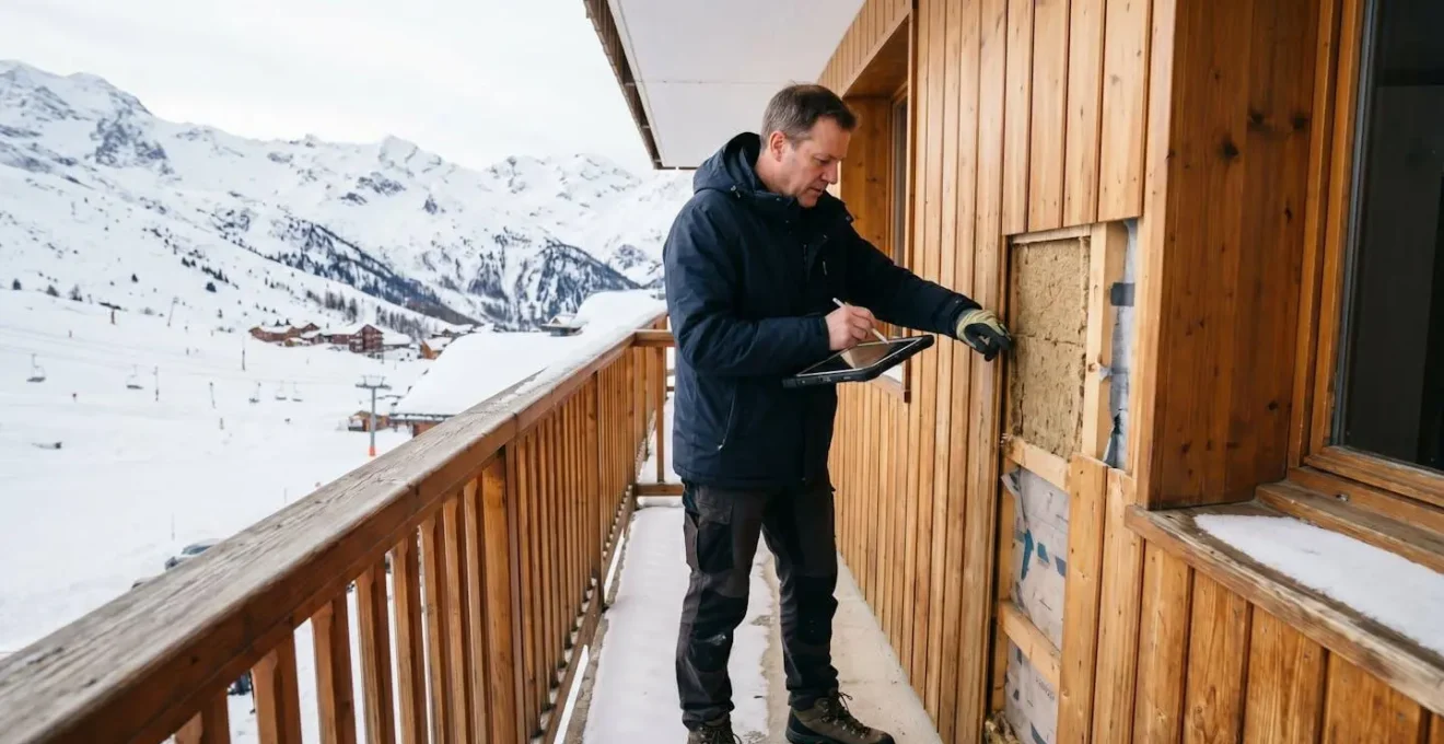 Professionnel immobilier inspectant avec tablette numérique les détails de construction d'un balcon d'appartement en station de ski, montagnes enneigées des Alpes en arrière-plan