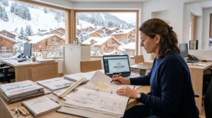 Table de travail d'une agence immobilière en station de montagne avec plans cadastraux, dossier diagnostics techniques et main de professionnel consultant un document officiel, baie vitrée laissant voir chalets alpins en arrière-plan