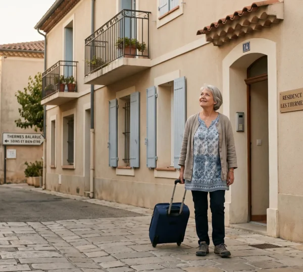 Personne senior arrivant avec une valise devant un immeuble résidentiel à Balaruc-les-Bains, avec établissement thermal en arrière-plan
