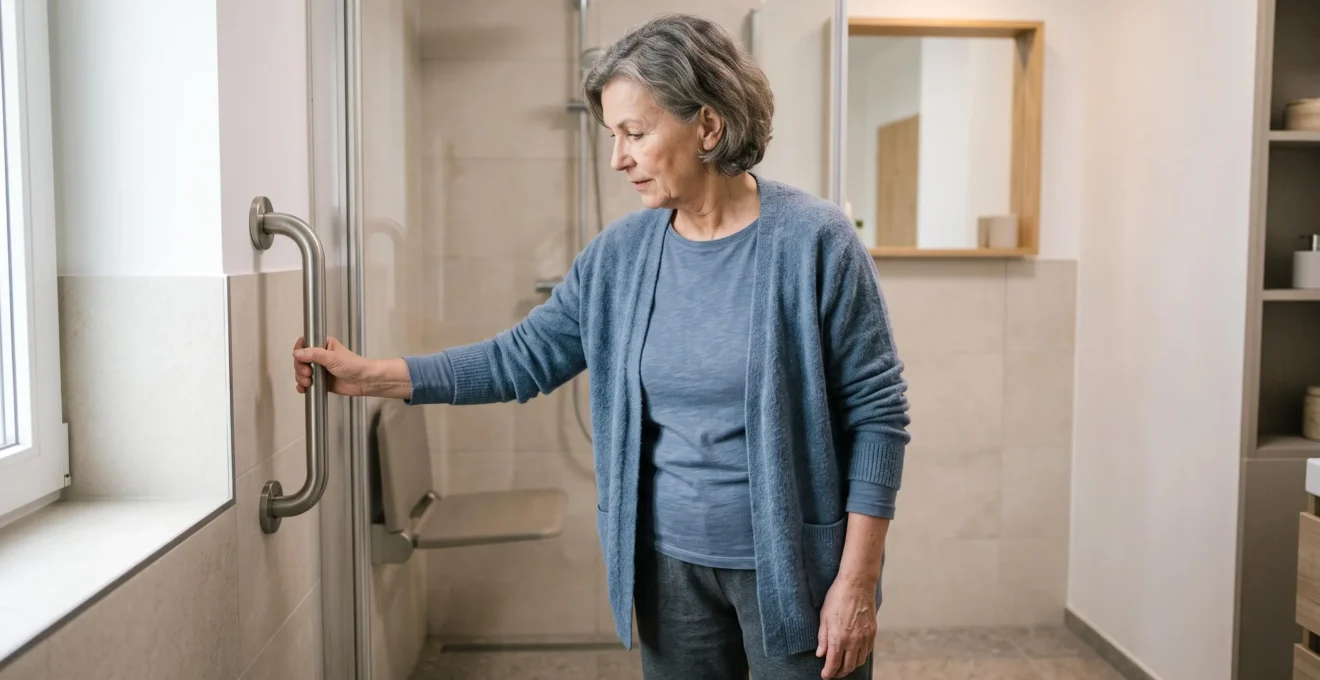 Femme senior inspectant une barre d'appui dans une salle de bain adaptée avec équipements de sécurité et accessibilité
